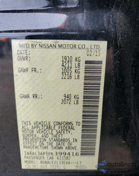 2015 Nissan Altima 2.5 из США, поврежденный, VIN 1N4AL3AP3FN399416